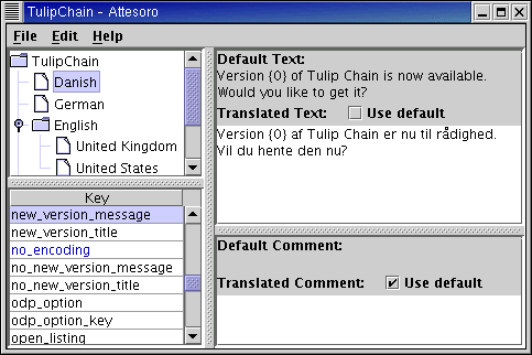 Attesoro screenshot showing Danish translation of English strings.